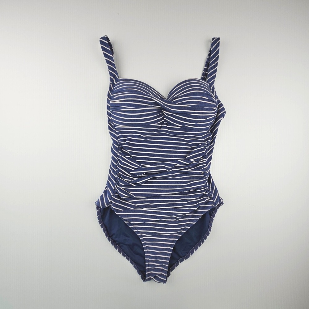 Niptuck Swim Womens Navy White Striped One Piece Swimsuit Multi Fit Cup Size 8